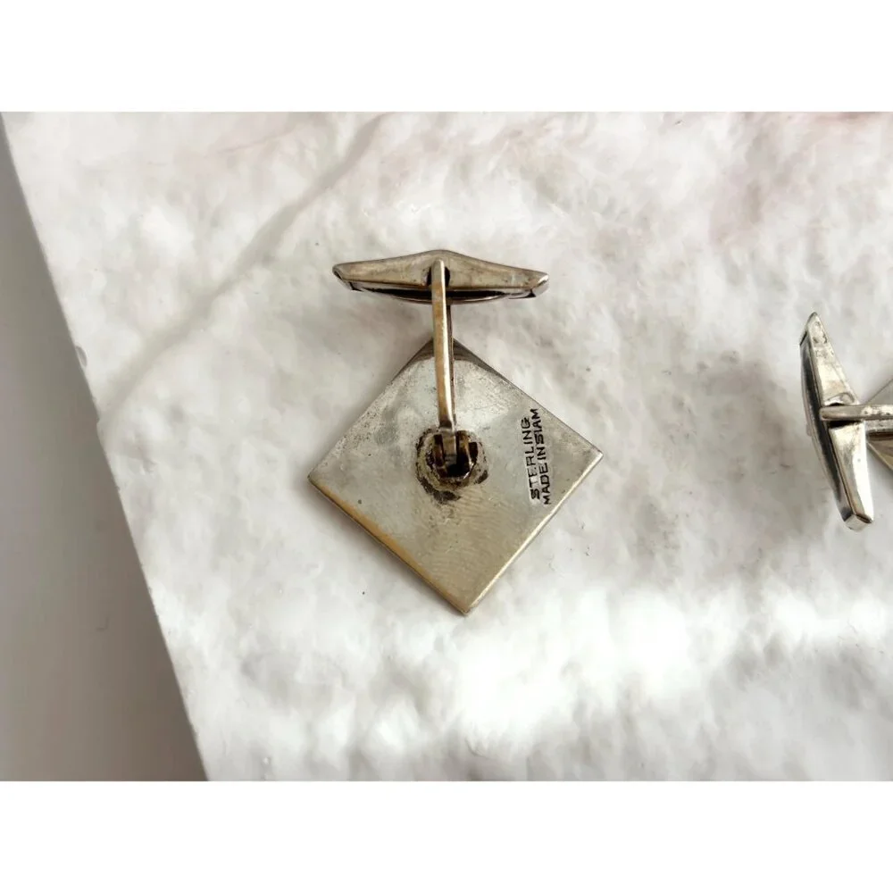 Siam Sterling White Guilloche Square Nielloware Vintage Thai Made 925 Cufflinks
